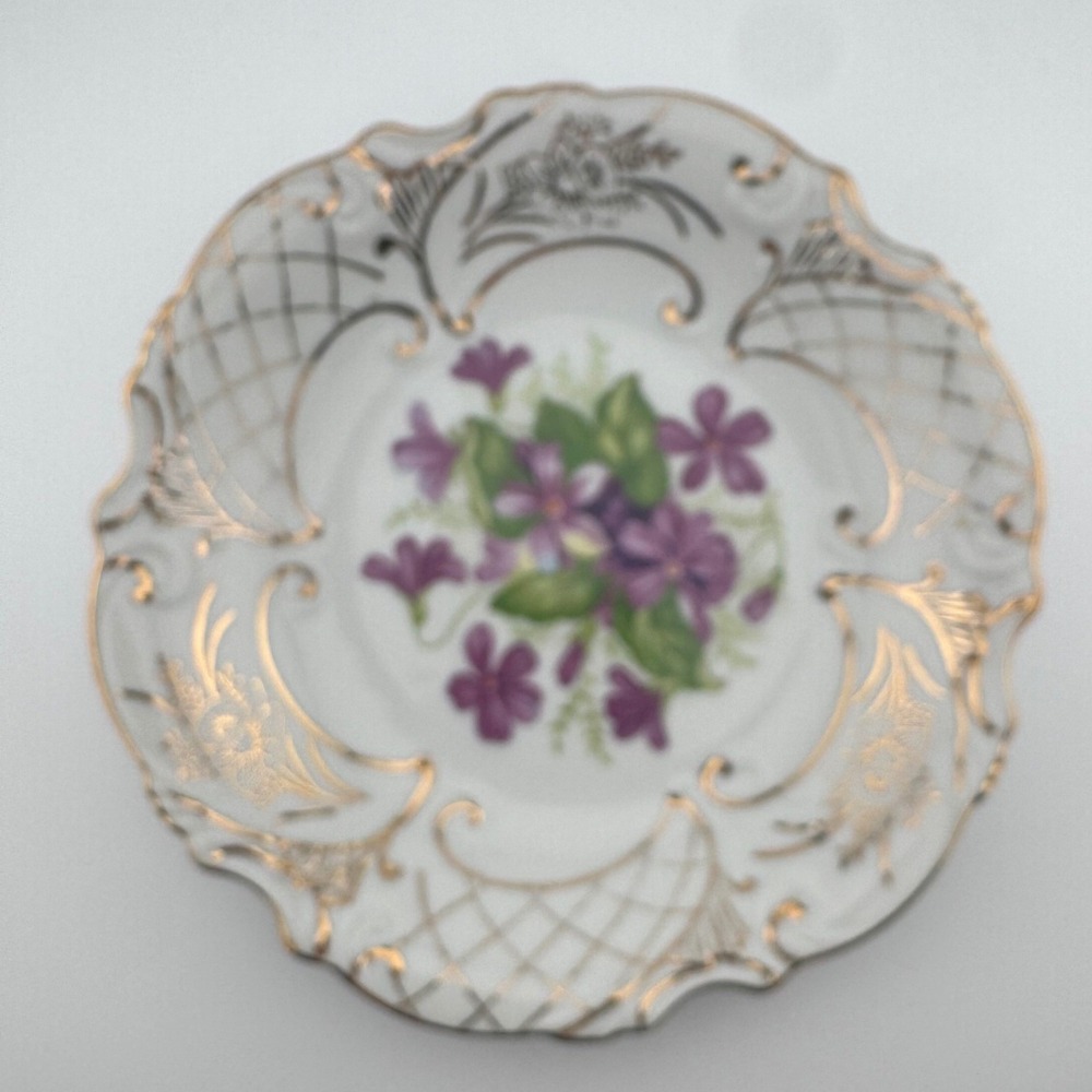 Vintage Lipper and Mann Porcelain Violet Floral Dish Gold Gilt Scalloped Bowl"